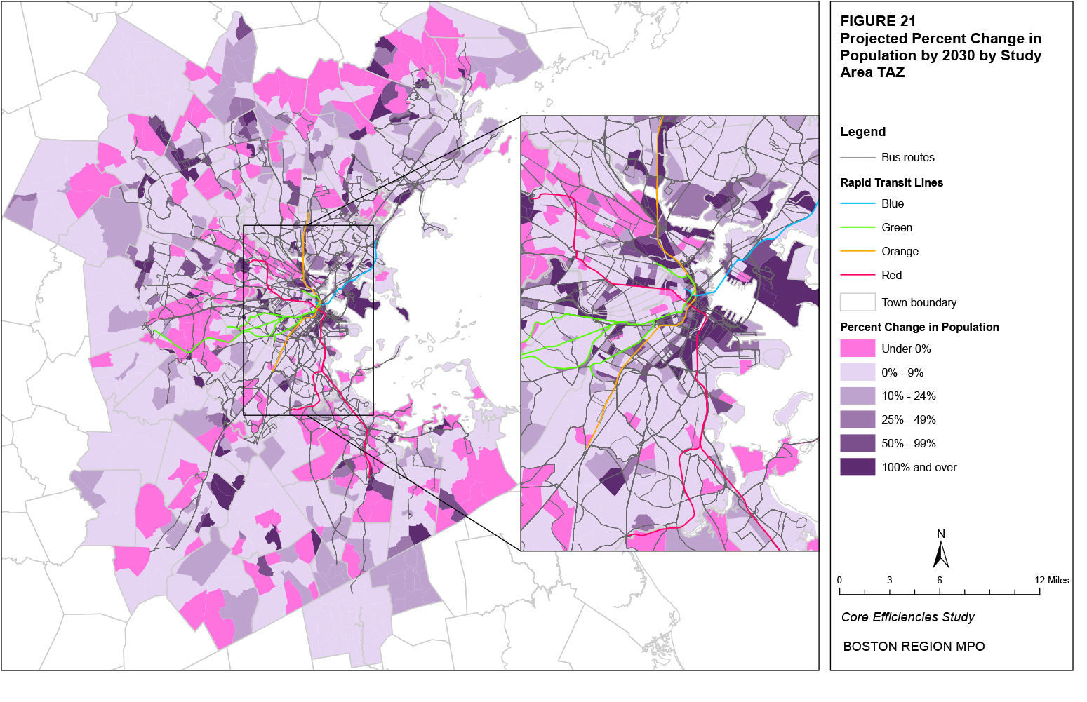 This map shows the projected percent change in population by TAZ.